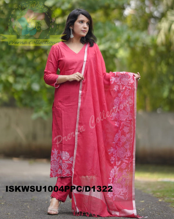 Hand Crafted Cotton Kurti With Handloom Cotton Pant And Handloom Dupatta-ISKWSU1004PPC/D1322