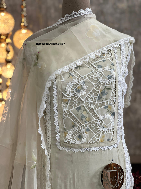 Embroidered Maslin Kurti With Shantoon Bottom And Brush Printed Organza Dupatta-ISKWFBL14047657