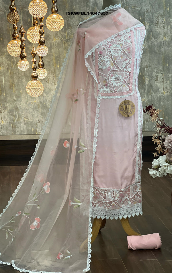 Embroidered Maslin Kurti With Shantoon Bottom And Brush Printed Organza Dupatta-ISKWFBL14047657