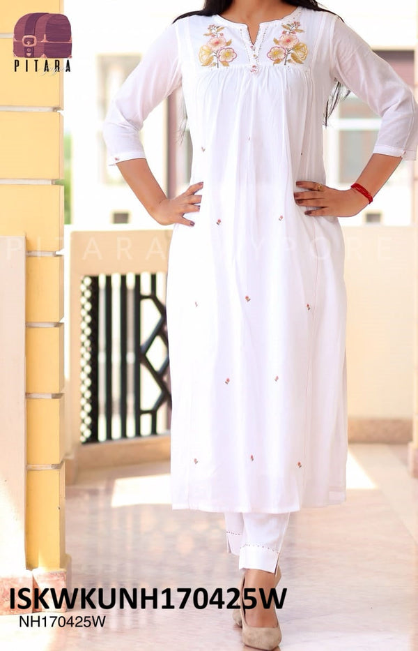 Embroidered Malmal Cotton Kurti With Pant-ISKWKUNH170425W