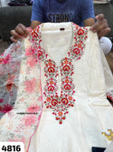 Embroidered Self Check Cotton Gown With Printed Organza Dupatta-ISKWGN2104AGC4816