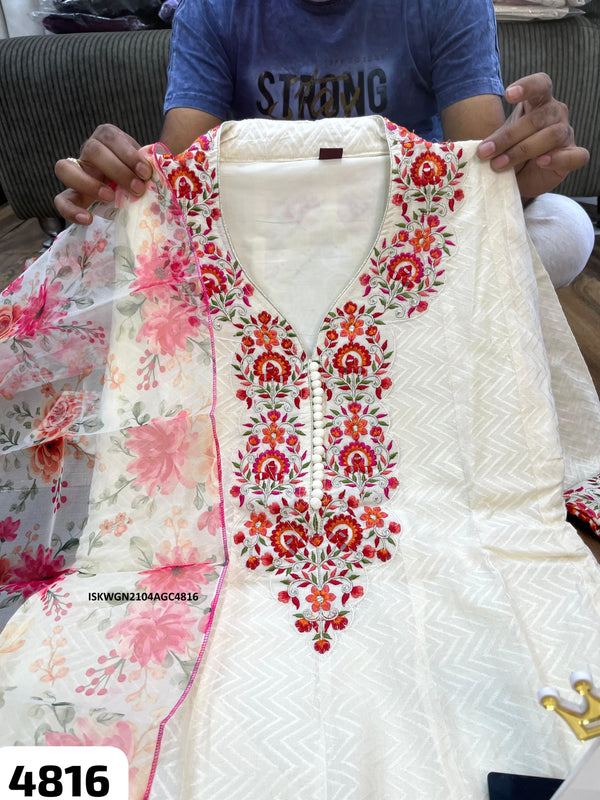 Embroidered Self Check Cotton Gown With Printed Organza Dupatta-ISKWGN2104AGC4816