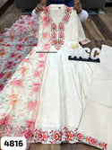Embroidered Self Check Cotton Gown With Printed Organza Dupatta-ISKWGN2104AGC4816