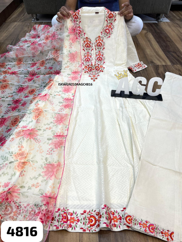 Embroidered Self Check Cotton Gown With Printed Organza Dupatta-ISKWGN2104AGC4816