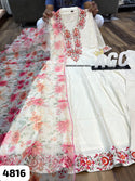 Embroidered Self Check Cotton Gown With Printed Organza Dupatta-ISKWGN2104AGC4816