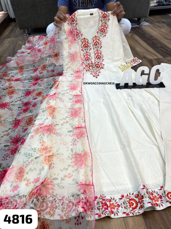 Embroidered Self Check Cotton Gown With Printed Organza Dupatta-ISKWGN2104AGC4816
