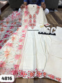 Embroidered Self Check Cotton Gown With Printed Organza Dupatta-ISKWGN2104AGC4816