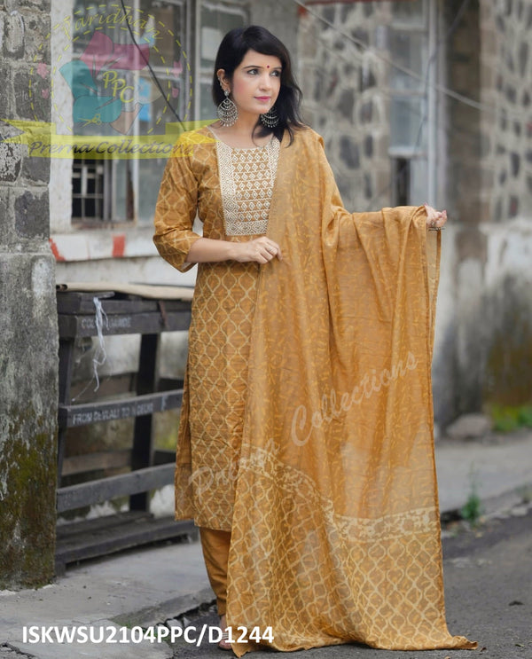 Bagru Printed Chanderi Kurti With Pant And Dupatta-ISKWSU2104PPC/D1244
