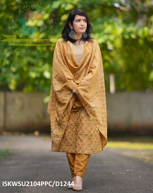Bagru Printed Chanderi Kurti With Pant And Dupatta-ISKWSU2104PPC/D1244