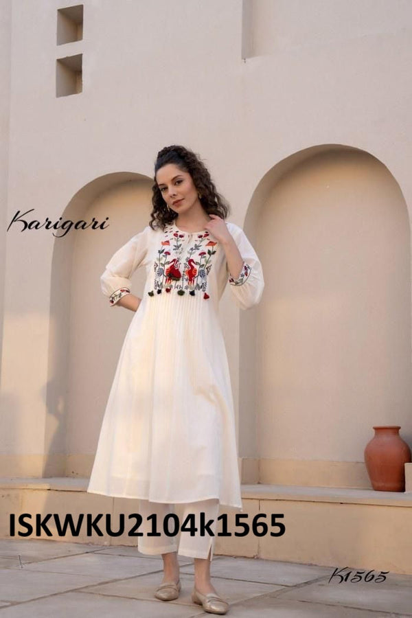 Embroidered Malmal Cotton Kurti With Pant-ISKWKU2104k1565