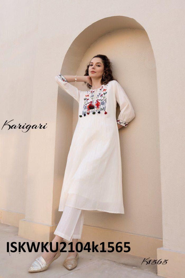 Embroidered Malmal Cotton Kurti With Pant-ISKWKU2104k1565