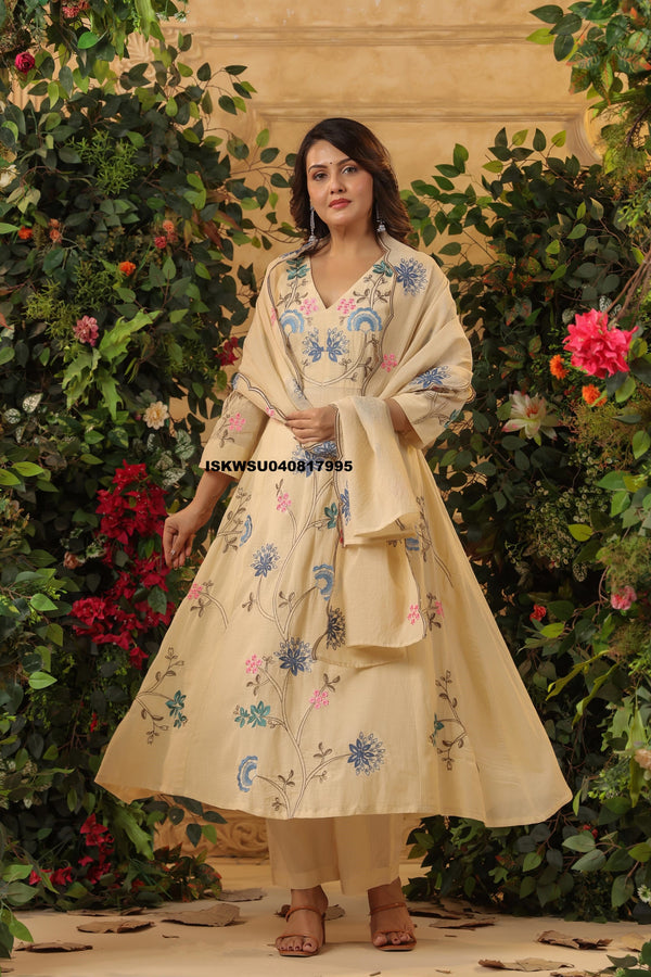 Embroidered Malmal Chanderi Anarkali Kurti With Pant And Dupatta-ISKWSU040817995