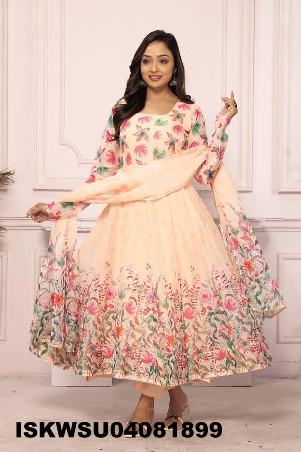 Floral Printed Tabby Silk Anarkali Kurti With Pant And Dupatta-ISKWSU04081899