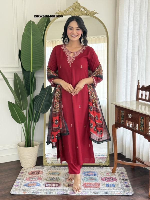 Embroidered Cotton Silk Kurti With Pant And Printed Dupatta-ISKWSU04081699