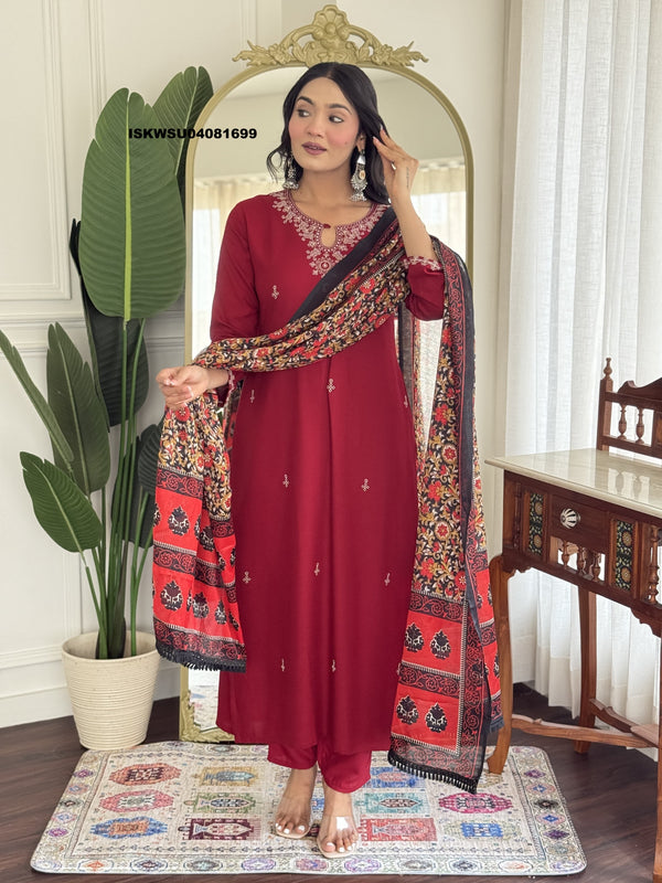 Embroidered Cotton Silk Kurti With Pant And Printed Dupatta-ISKWSU04081699