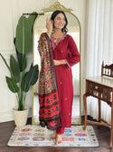 Embroidered Cotton Silk Kurti With Pant And Printed Dupatta-ISKWSU04081699