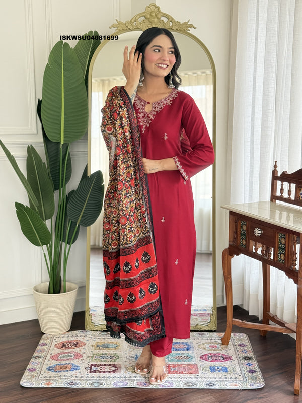 Embroidered Cotton Silk Kurti With Pant And Printed Dupatta-ISKWSU04081699