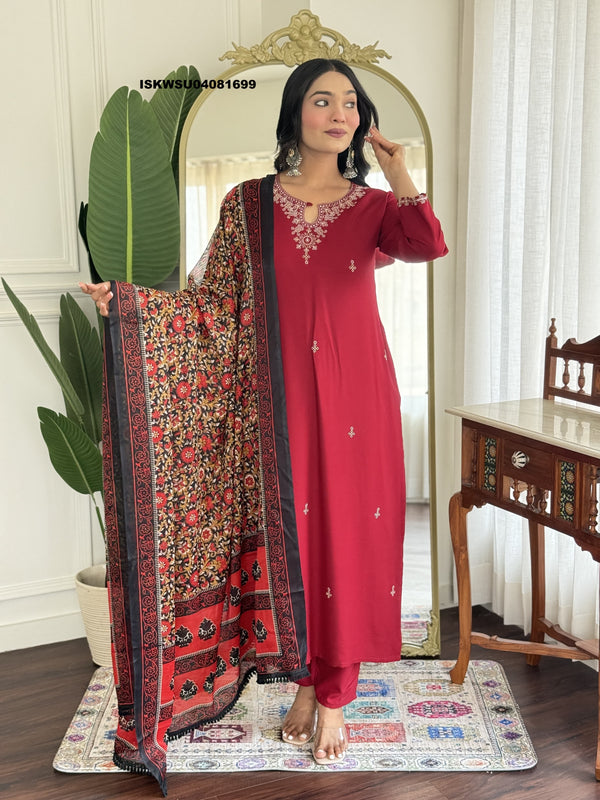Embroidered Cotton Silk Kurti With Pant And Printed Dupatta-ISKWSU04081699