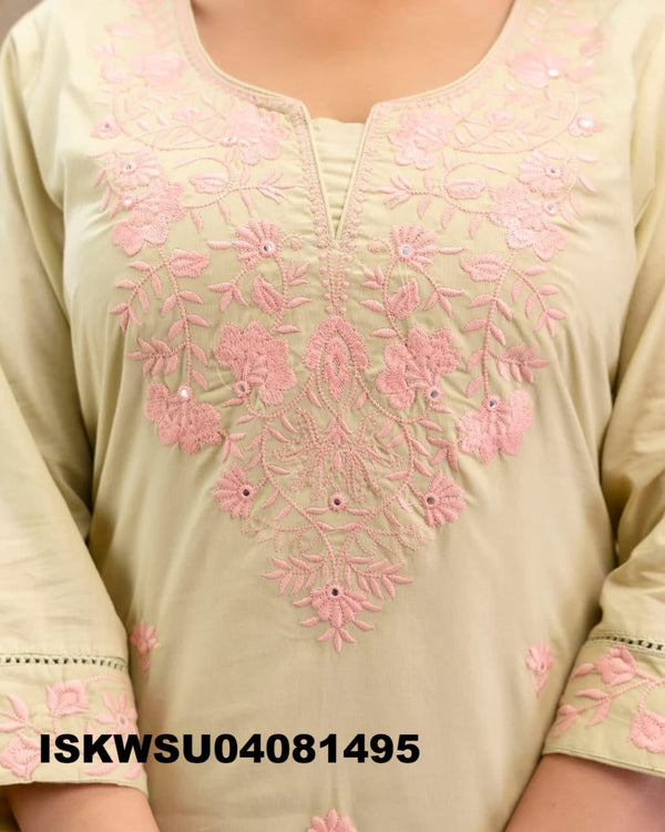 Embroidered Cotton Kurti With Pant And Malmal Cotton Dupatta-ISKWSU04081495