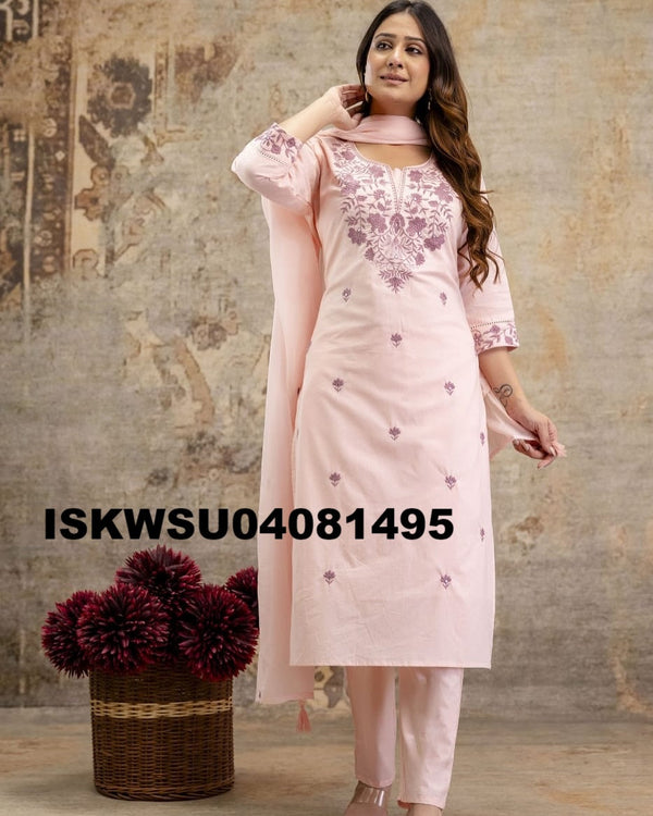 Embroidered Cotton Kurti With Pant And Malmal Cotton Dupatta-ISKWSU04081495