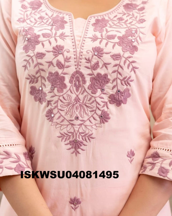 Embroidered Cotton Kurti With Pant And Malmal Cotton Dupatta-ISKWSU04081495