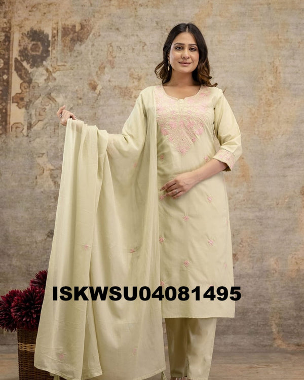 Embroidered Cotton Kurti With Pant And Malmal Cotton Dupatta-ISKWSU04081495