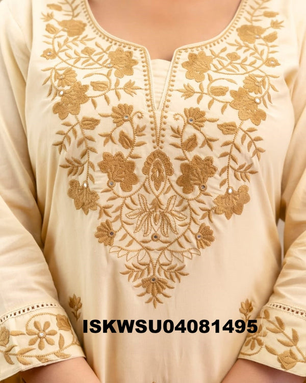 Embroidered Cotton Kurti With Pant And Malmal Cotton Dupatta-ISKWSU04081495