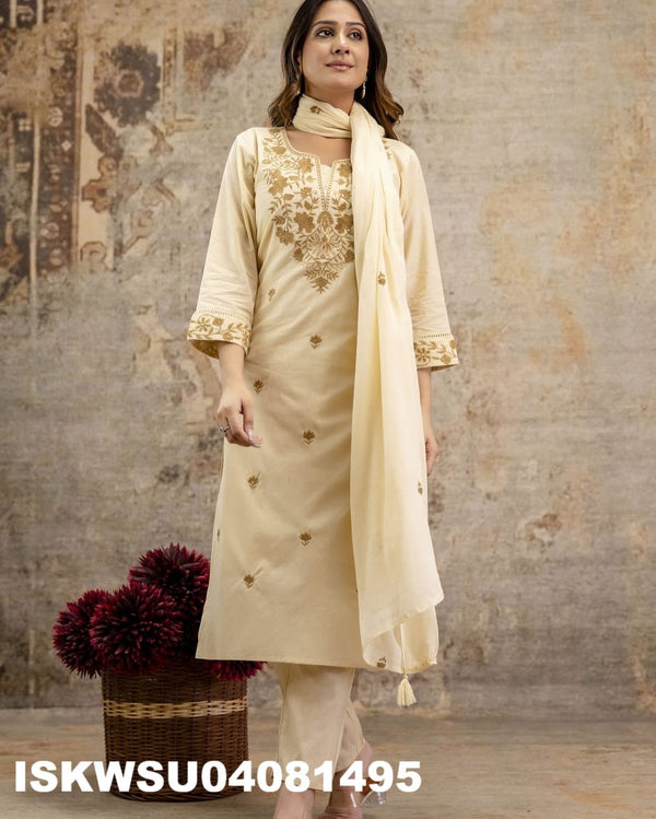 Embroidered Cotton Kurti With Pant And Malmal Cotton Dupatta-ISKWSU04081495