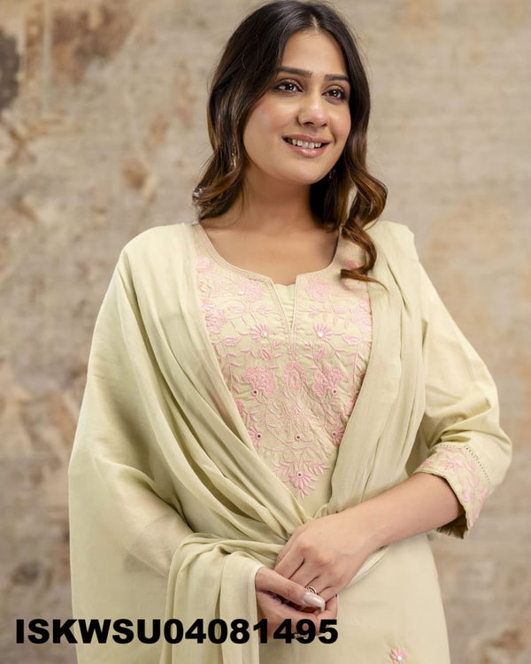 Embroidered Cotton Kurti With Pant And Malmal Cotton Dupatta-ISKWSU04081495