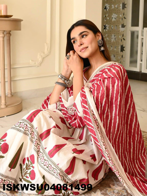 Printed Cotton Anarkali Kurti With Pant And Dupatta-ISKWSU04081499