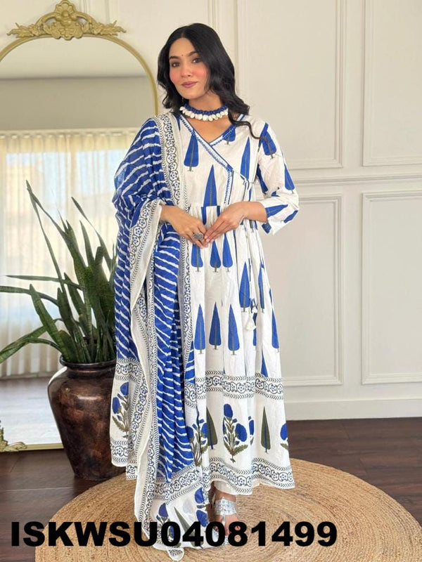 Printed Cotton Anarkali Kurti With Pant And Dupatta-ISKWSU04081499