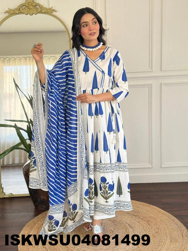 Printed Cotton Anarkali Kurti With Pant And Dupatta-ISKWSU04081499