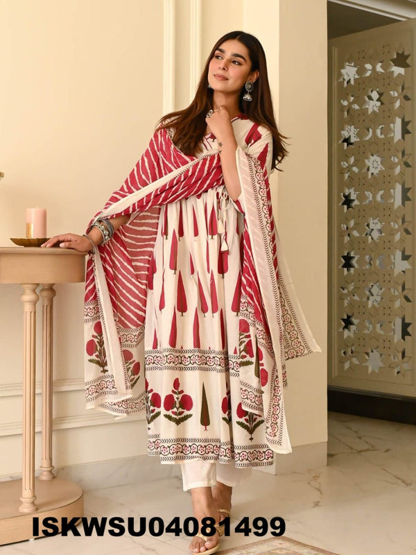 Printed Cotton Anarkali Kurti With Pant And Dupatta-ISKWSU04081499