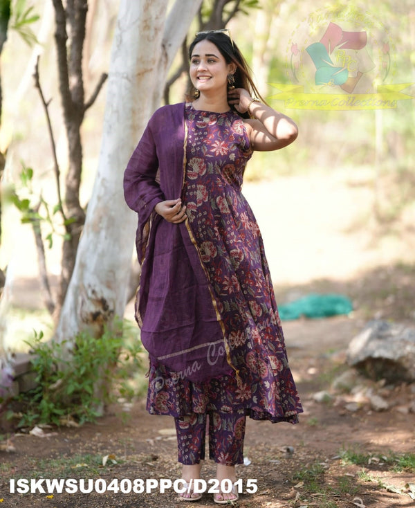 Kalamkari Printed Cotton Anarkali Kurti With Pant And Kota Doriya Dupatta-ISKWSU0408PPC/D2015