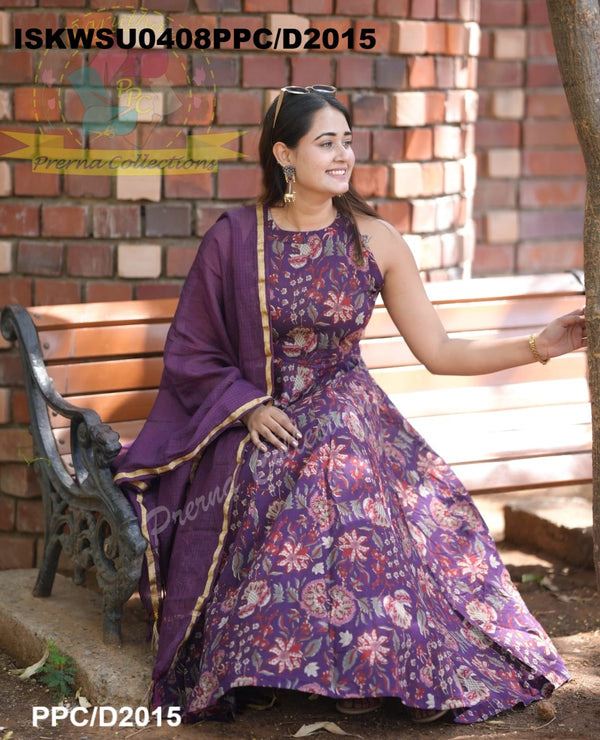 Kalamkari Printed Cotton Anarkali Kurti With Pant And Kota Doriya Dupatta-ISKWSU0408PPC/D2015