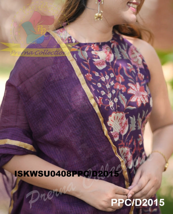 Kalamkari Printed Cotton Anarkali Kurti With Pant And Kota Doriya Dupatta-ISKWSU0408PPC/D2015