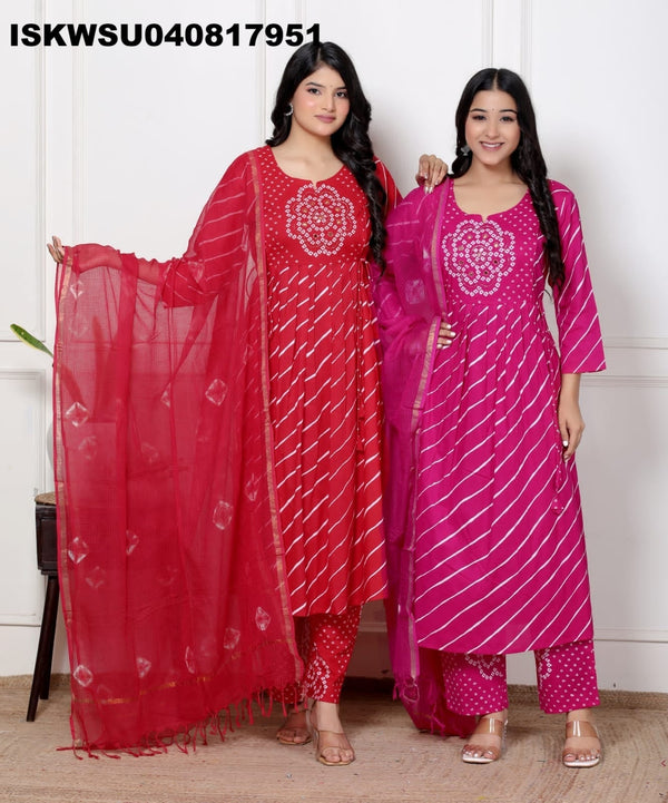 Lehariya Printed Cotton Kurti With Pant And Kota Doriya Dupatta-ISKWSU040817951