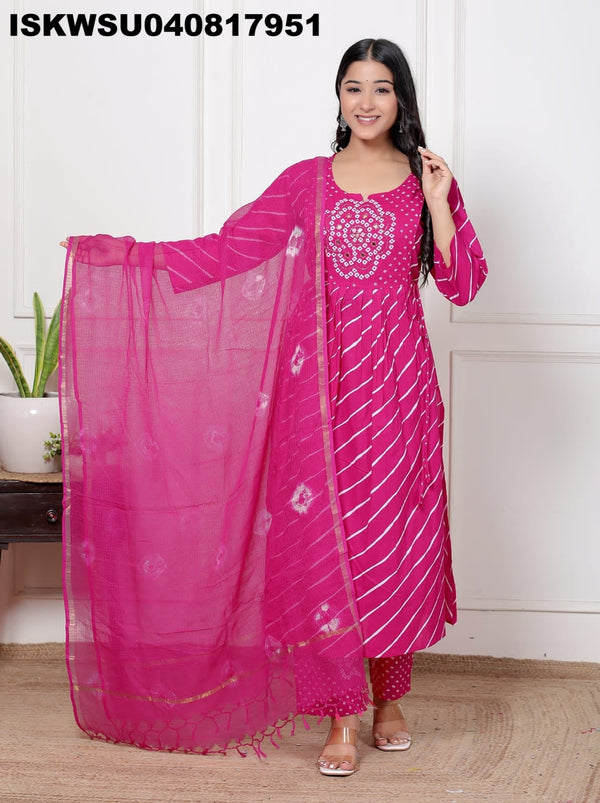 Lehariya Printed Cotton Kurti With Pant And Kota Doriya Dupatta-ISKWSU040817951