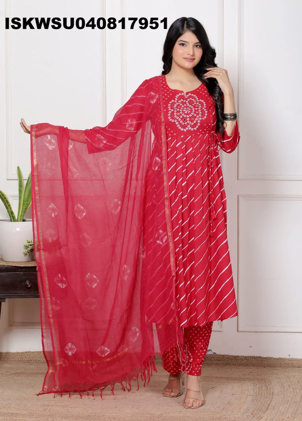 Lehariya Printed Cotton Kurti With Pant And Kota Doriya Dupatta-ISKWSU040817951