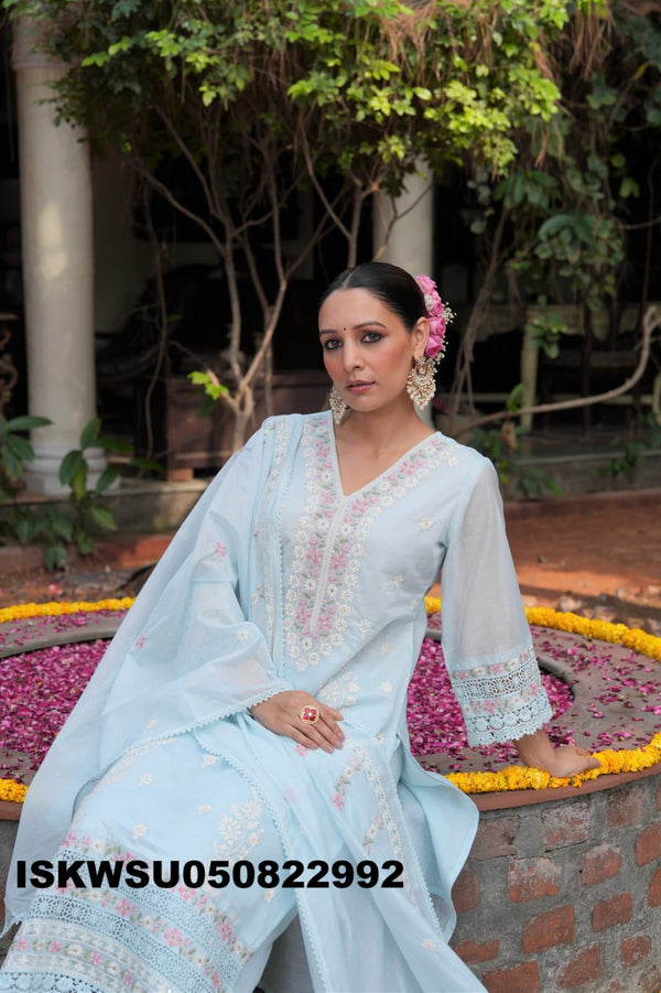 Embroidered Malmal Chanderi Kurti With Pant And Dupatta-ISKWSU050822992