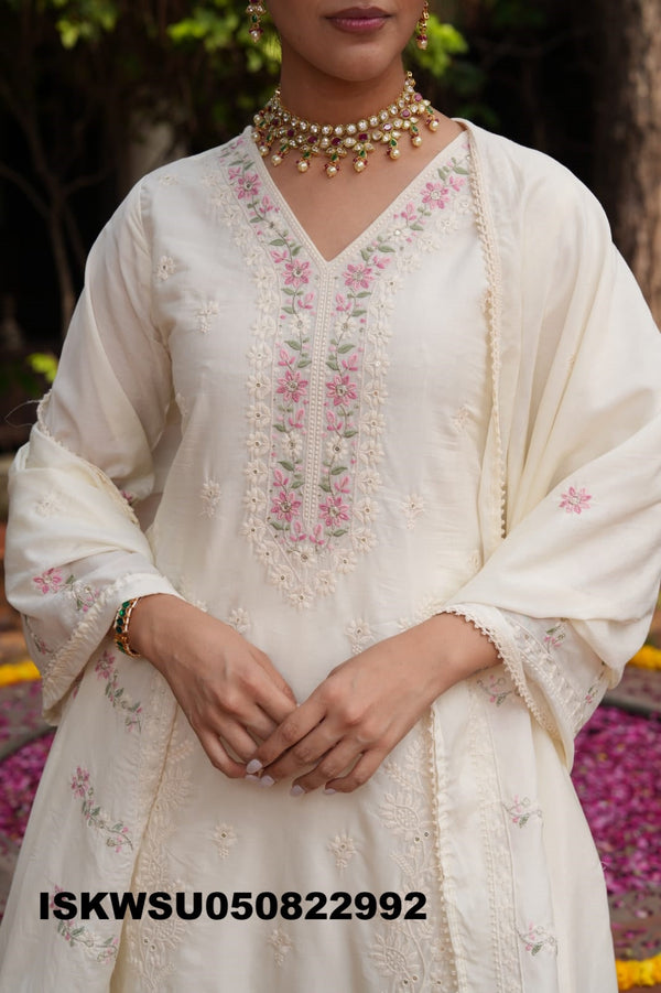 Embroidered Malmal Chanderi Kurti With Pant And Dupatta-ISKWSU050822992