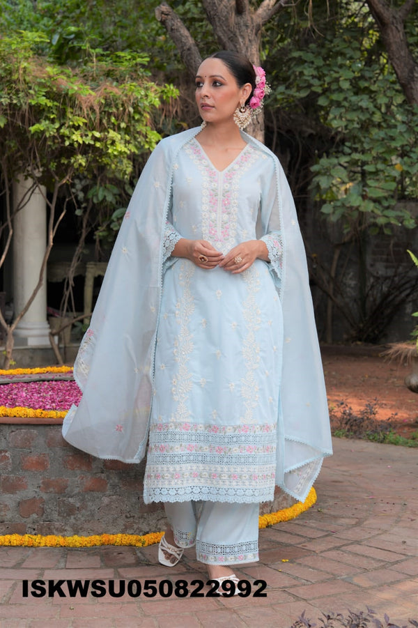 Embroidered Malmal Chanderi Kurti With Pant And Dupatta-ISKWSU050822992
