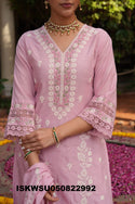 Embroidered Malmal Chanderi Kurti With Pant And Dupatta-ISKWSU050822992