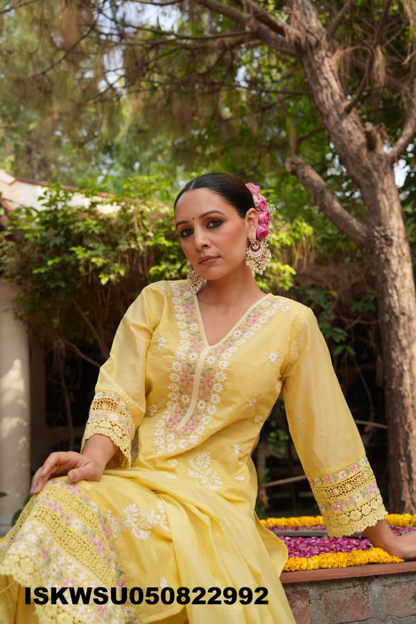 Embroidered Malmal Chanderi Kurti With Pant And Dupatta-ISKWSU050822992
