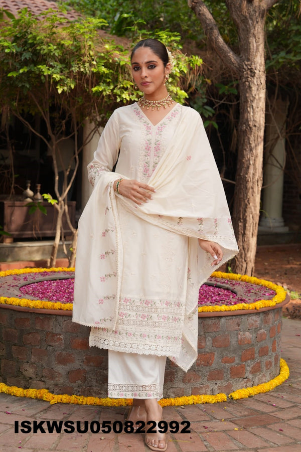 Embroidered Malmal Chanderi Kurti With Pant And Dupatta-ISKWSU050822992