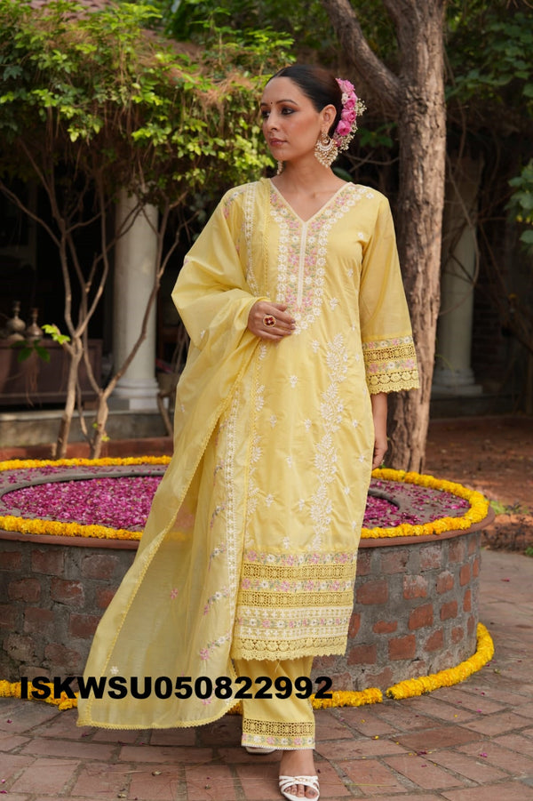 Embroidered Malmal Chanderi Kurti With Pant And Dupatta-ISKWSU050822992