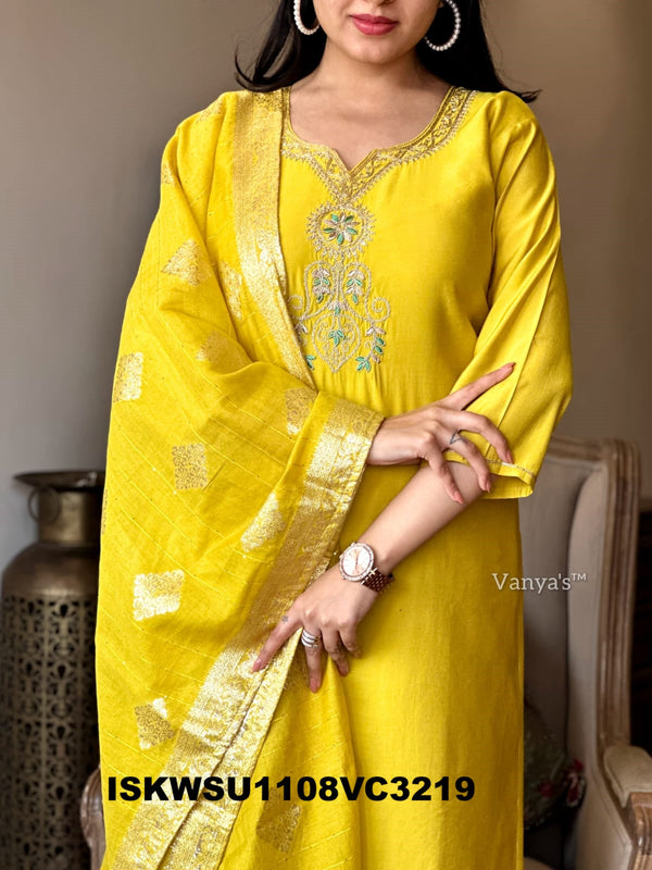 Embroidered Silk Kurti With Pant And Jacquard Chanderi Dupatta-ISKWSU1108VC3219
