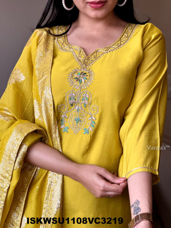 Embroidered Silk Kurti With Pant And Jacquard Chanderi Dupatta-ISKWSU1108VC3219