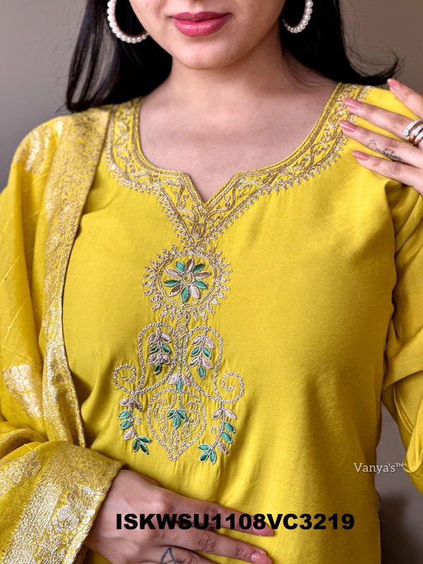 Embroidered Silk Kurti With Pant And Jacquard Chanderi Dupatta-ISKWSU1108VC3219