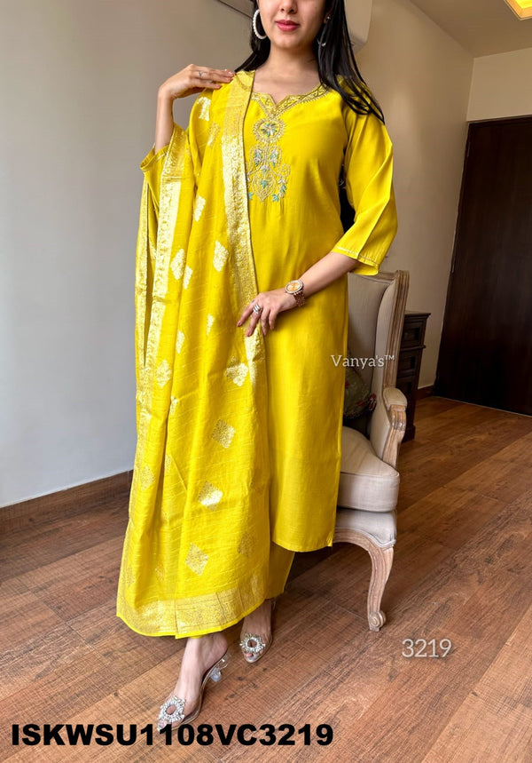 Embroidered Silk Kurti With Pant And Jacquard Chanderi Dupatta-ISKWSU1108VC3219